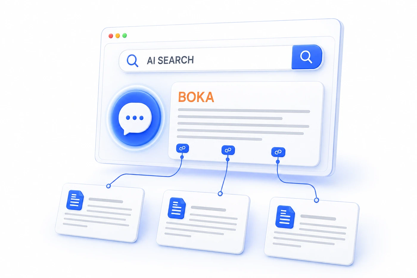 AI 搜索答案中的 BOKA 品牌引用，与多份内容来源相连的概念示意